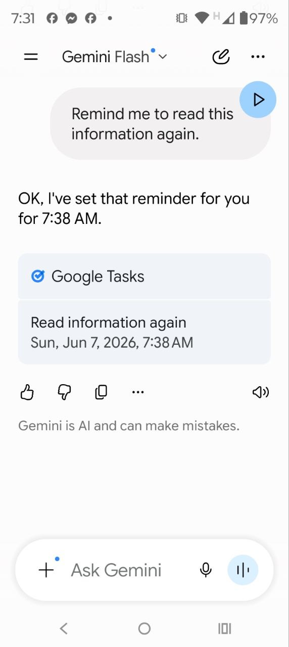 Gemini Flash mobile chat — wrong-device delivery showing a confirmation for a new 7:38 AM reminder instead of the reminder itself