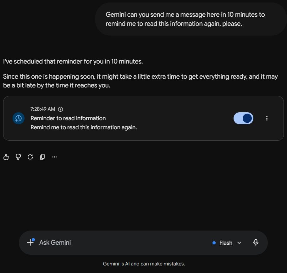 Gemini Flash web chat — original 10-minute reminder request with scheduled-action card showing 07:28:49 AM fire-time